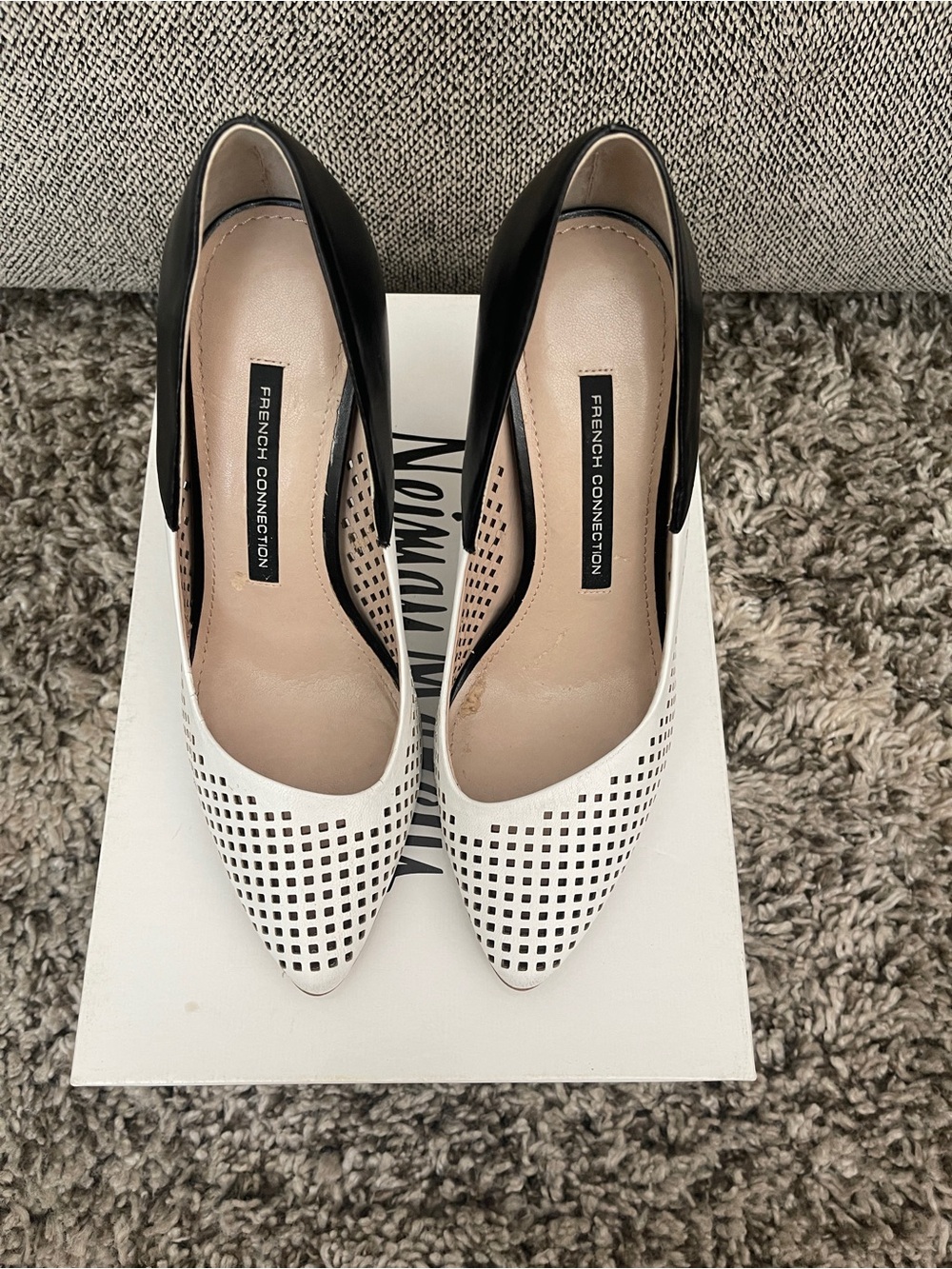 French Connection Black and White Perforated Pointed-Toe Pumps